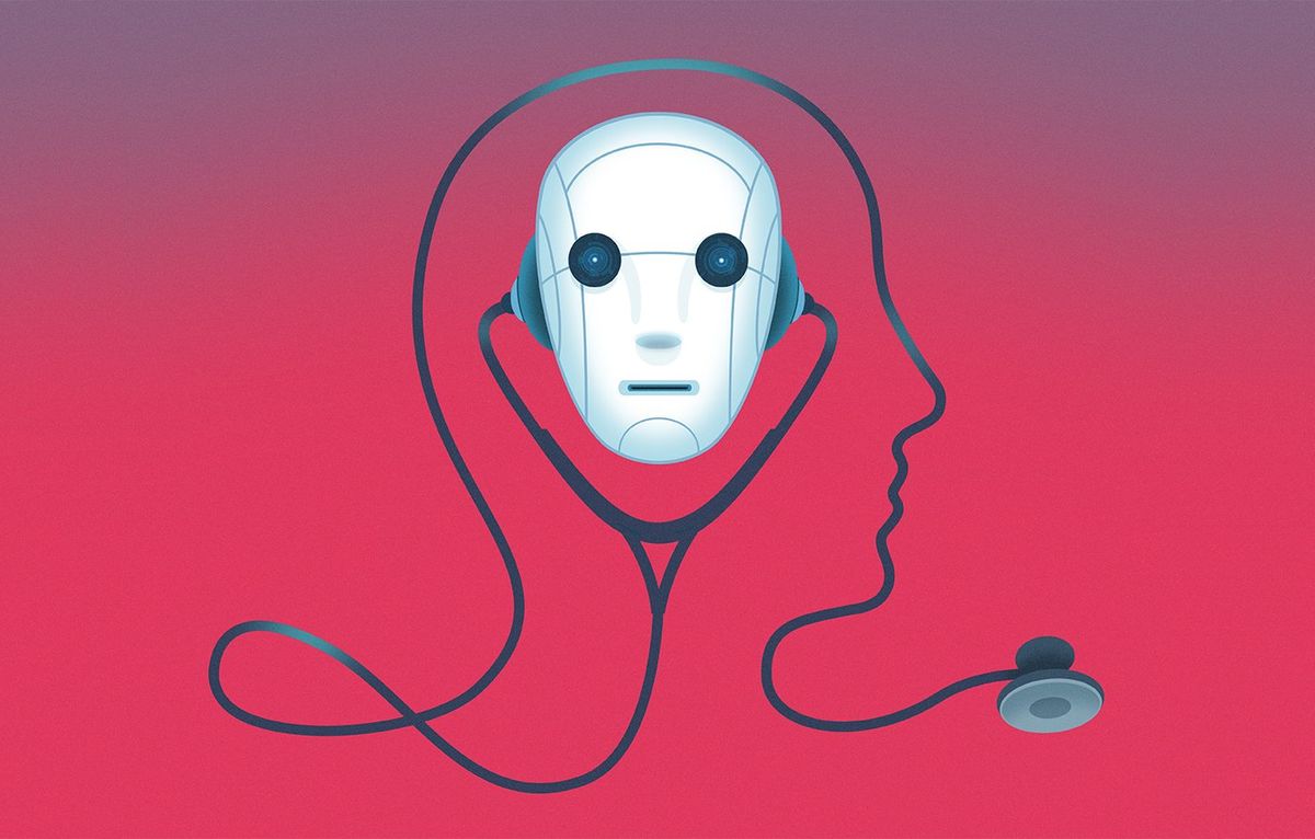 A robotic head with a stethoscope, the cord of which forms a human face.