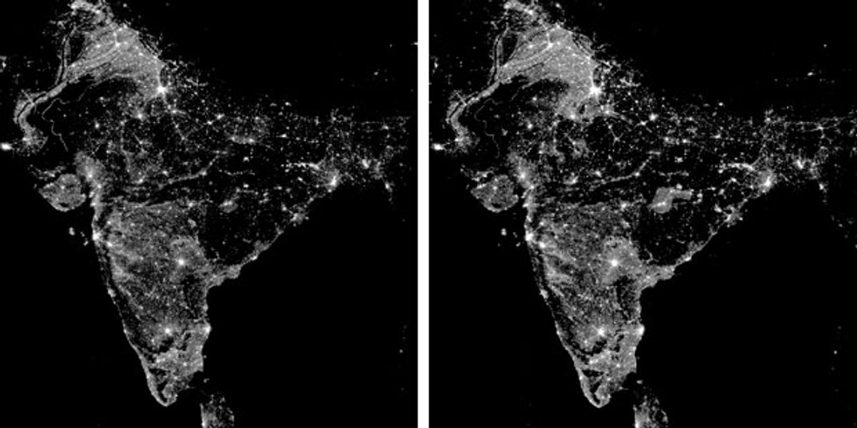 A satellite image of India at night shows the reach of electricity