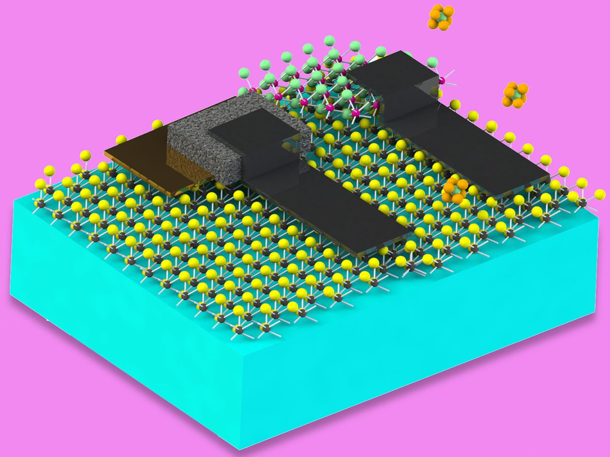 A schematic diagram of a microscopic chemical detection machine depicting a micrometer-sized polymer particle coated with a nanoelectronic circuit.