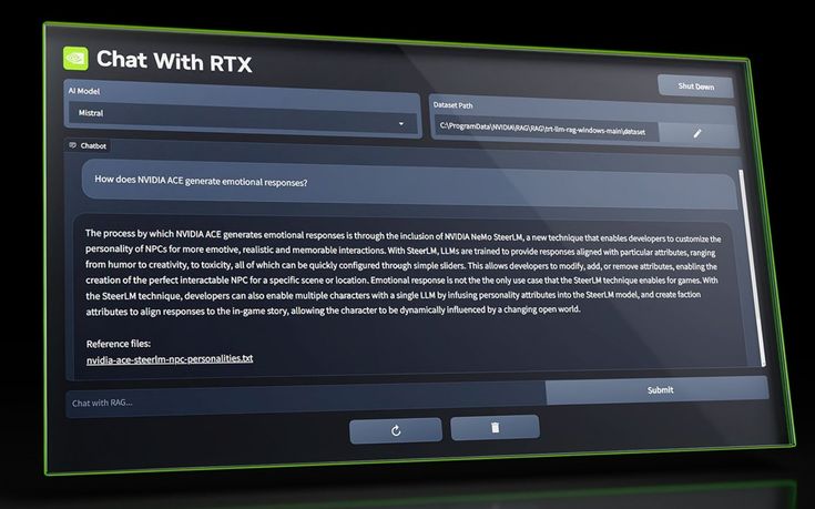 A screen says Chat with RTX and shows a chatbot with question and answer