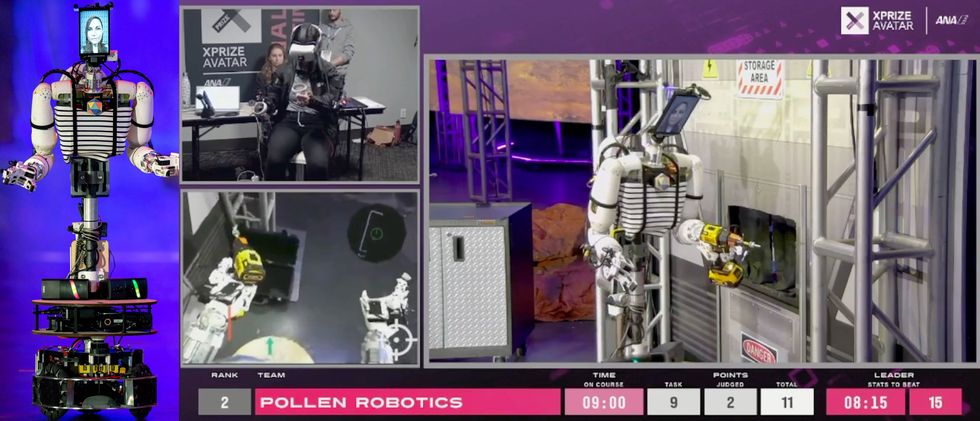 A screenshot from the XPrize competition live stream showing views of the Pollen robot, a humanoid torso on a mobile base, on the Avatar XPrize course.