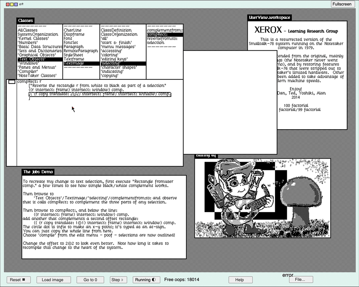 A screenshot of a bitmapped and mostly grayscale computer desktop with text in multiple windows and a cartoon of a leprechaun.