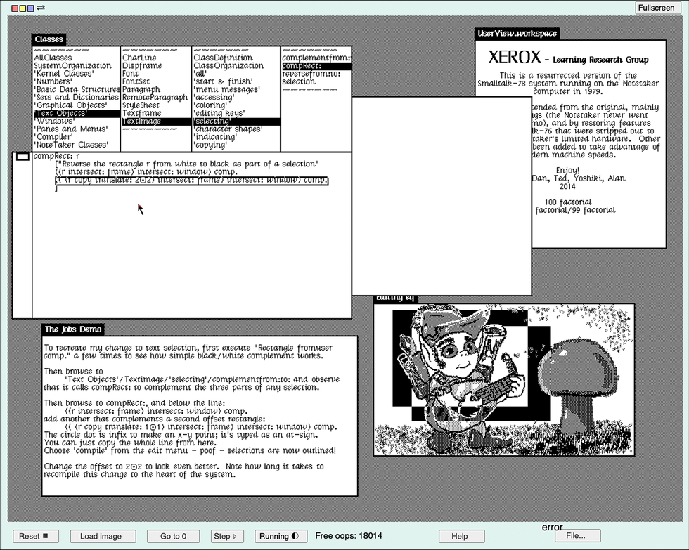 a screenshot of a bitmapped and mostly grayscale computer desktop with text in multiple windows and a cartoon of a leprechaun