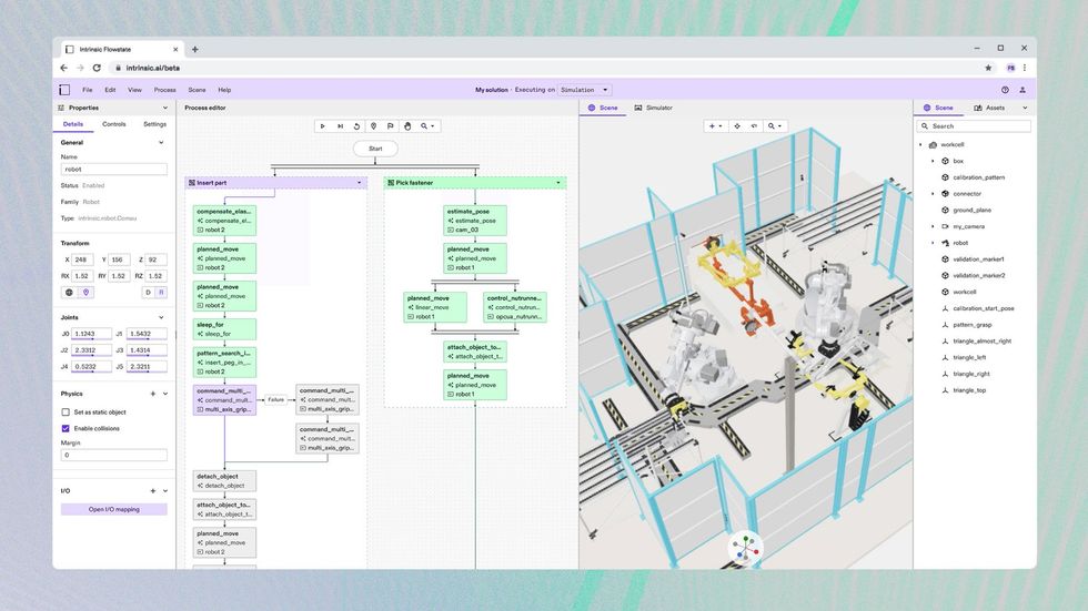 A screenshot of a robotics application development environment showing a flowchart and a work cell simulator