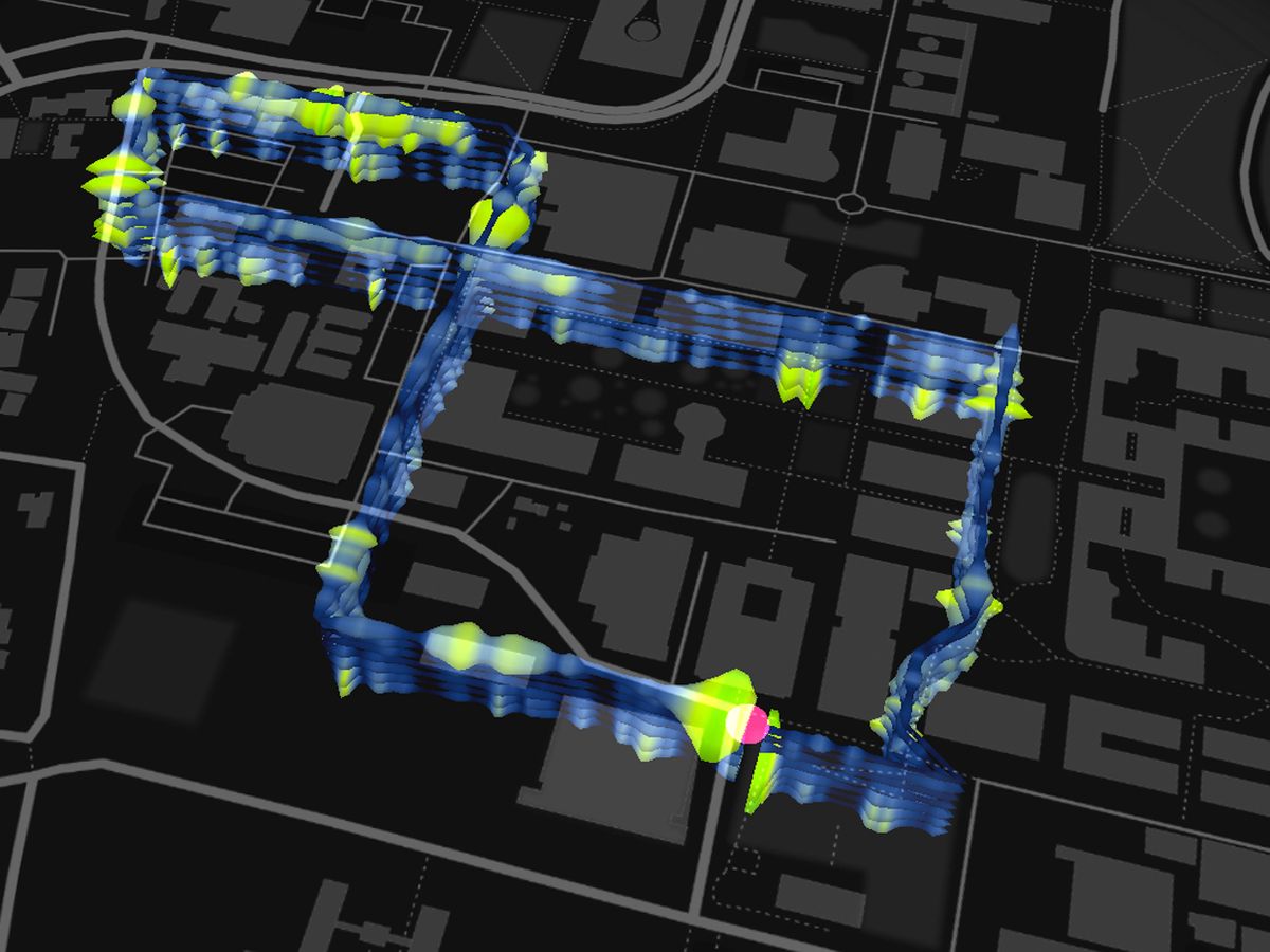 A screenshot of a software program that has analyzed a fiber optic test network for tiny movements, and produced a blue and green heat map of activity.