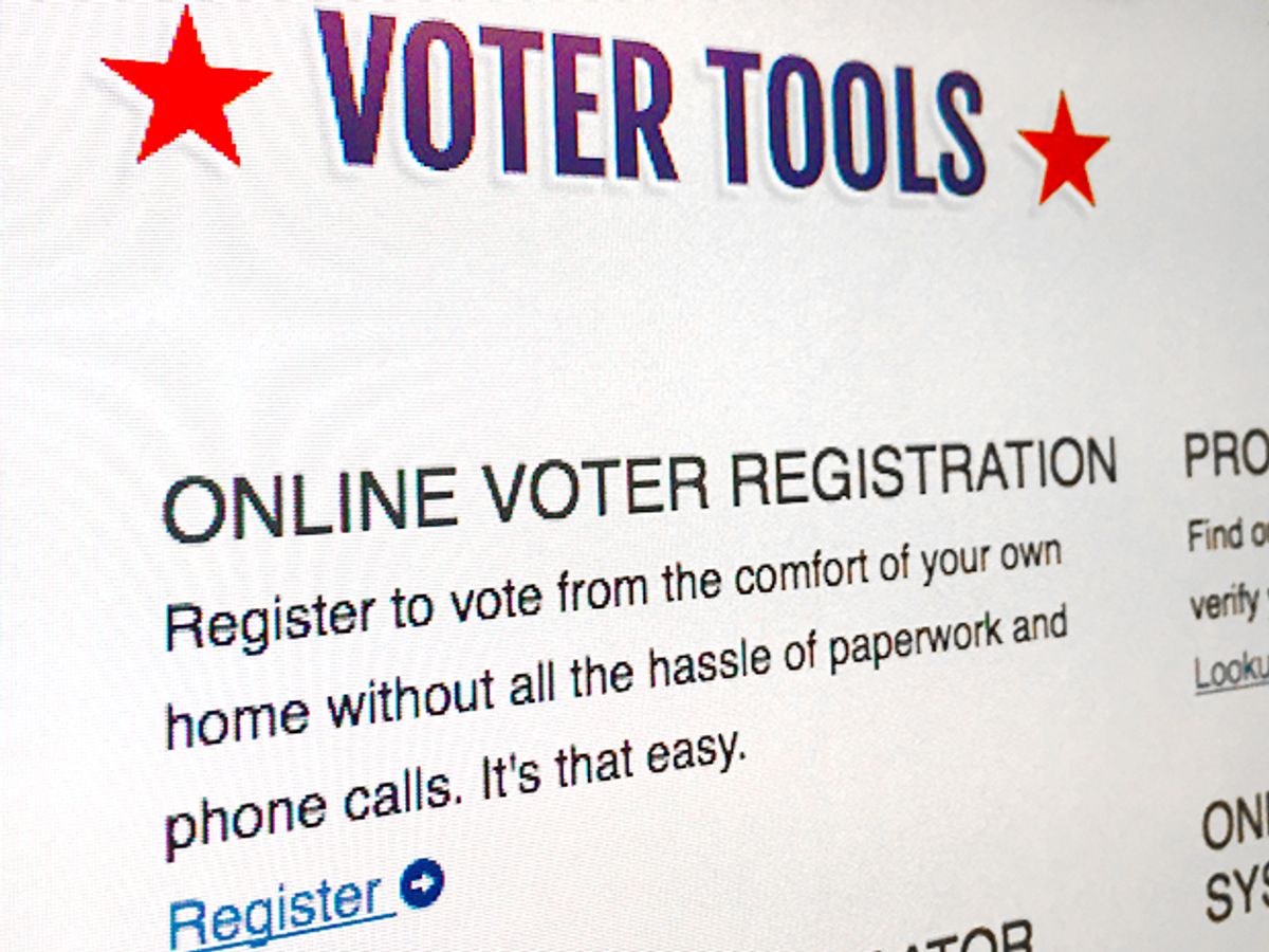 A screenshot shows a website operated by a U.S. state where citizens can log on and register to vote.