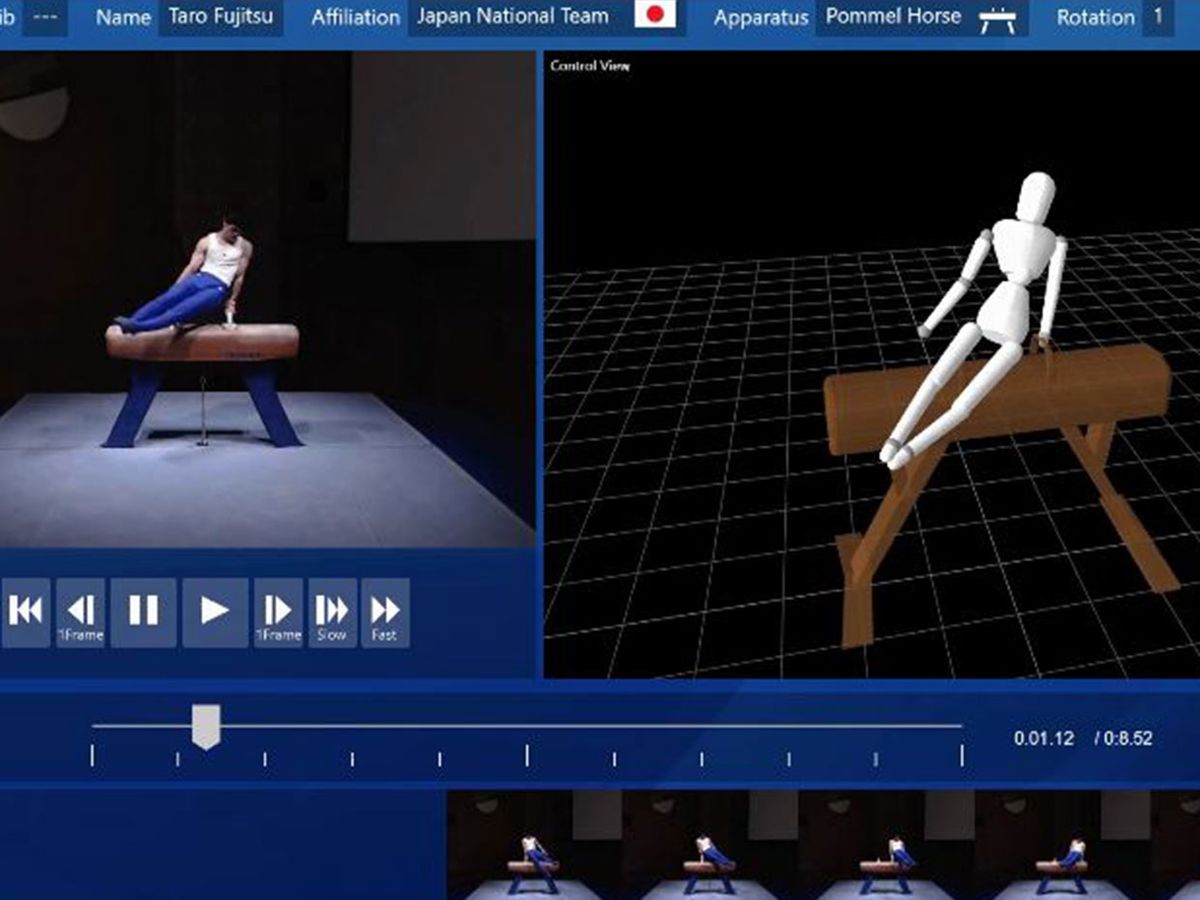 A screenshot shows the Fujitsu 'skeleton recognition technology' at work, with an outline of a gymnast during their routine.