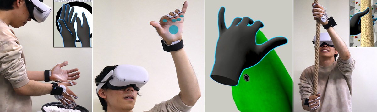 A series of four images showing a user wearing a VR headset grasping different real and virtual objects
