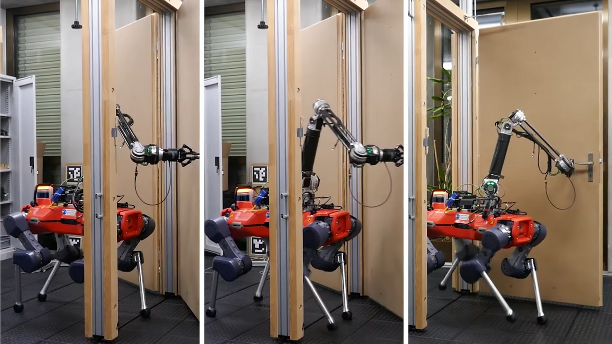 A series of images showing a red quadrupedal robot with an arm mounted on its back opening a door and walking through it