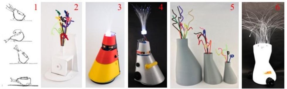 A series of images showing different iterations of the YOLO robot, from sketches, to paper models, to designs of different sizes and shapes.