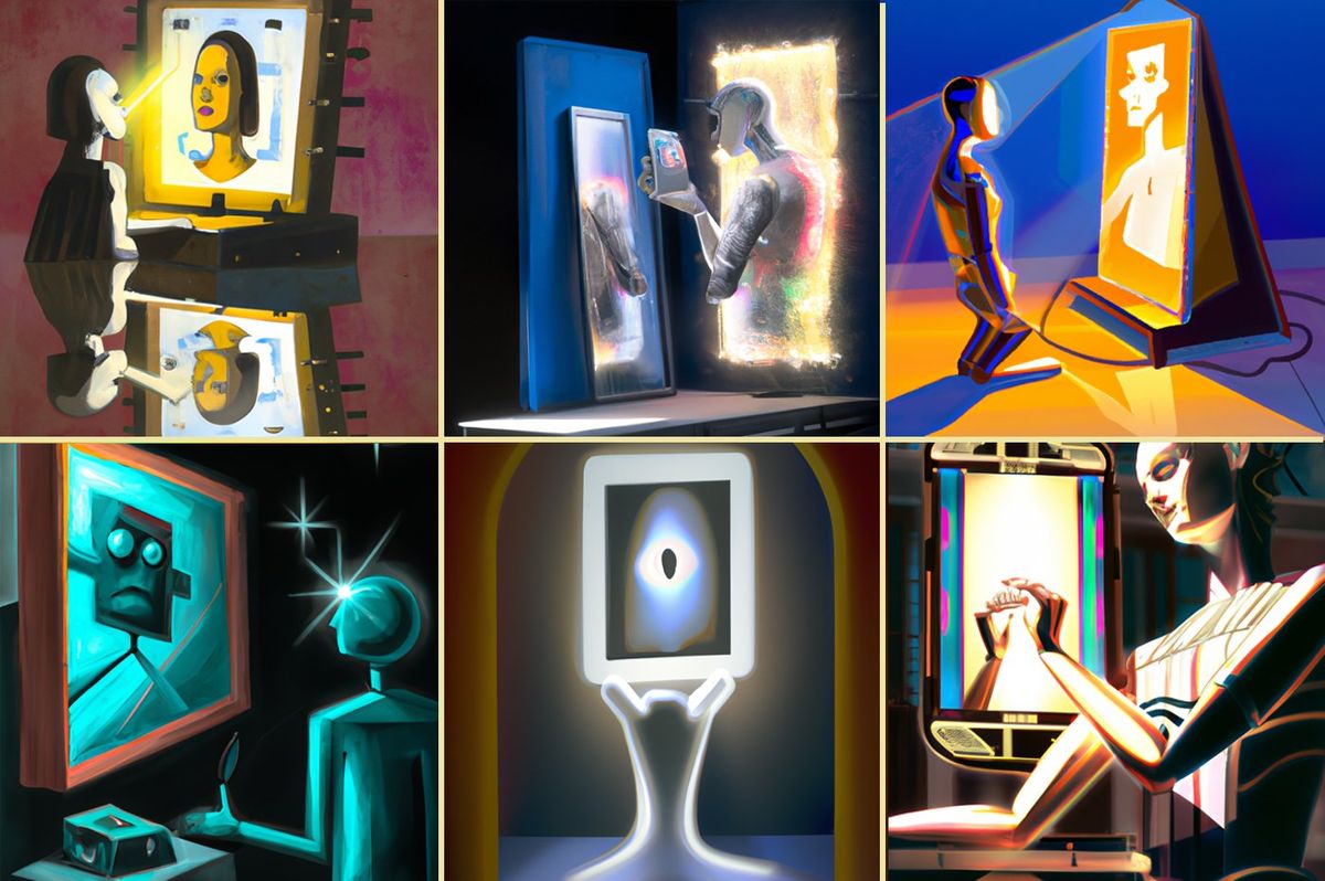 A series of six illustrations of different concepts of AIs looking in the mirror.