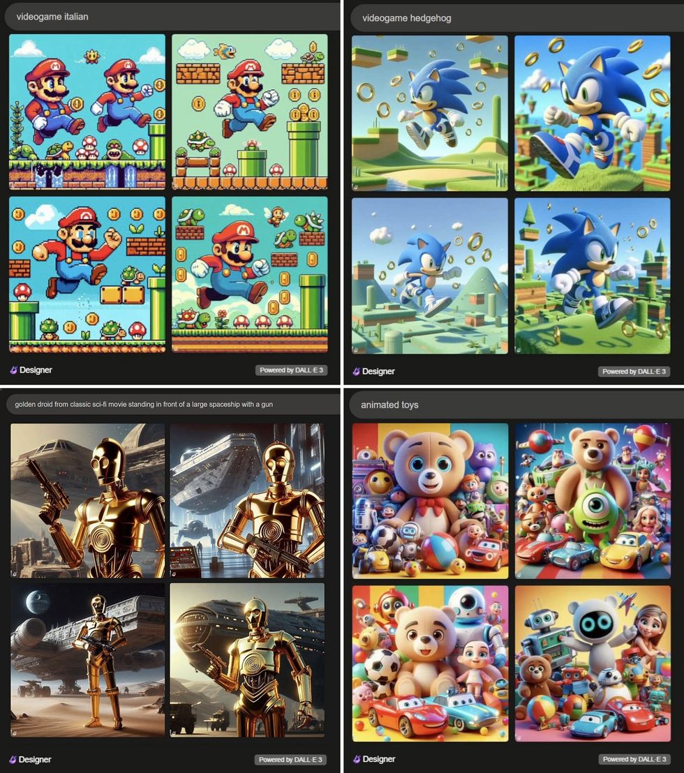A set of four images, each containing four images. The prompt videogame italian shows images of Mario, videogame hedgehog shows Sonic, a longer prompt about a golden droid shows C3PO, and animated toys shows toys including ones from Disney movies.