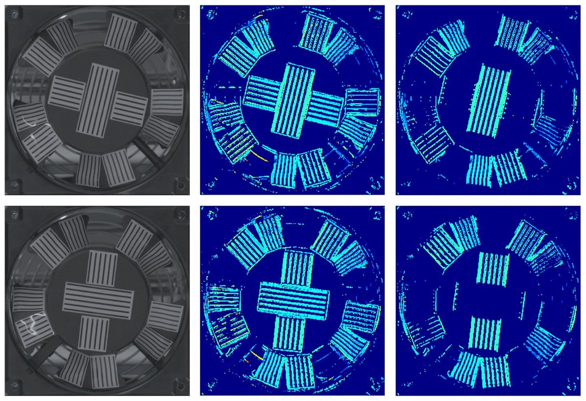 A set of six micrographs, two black and white and four colorized.