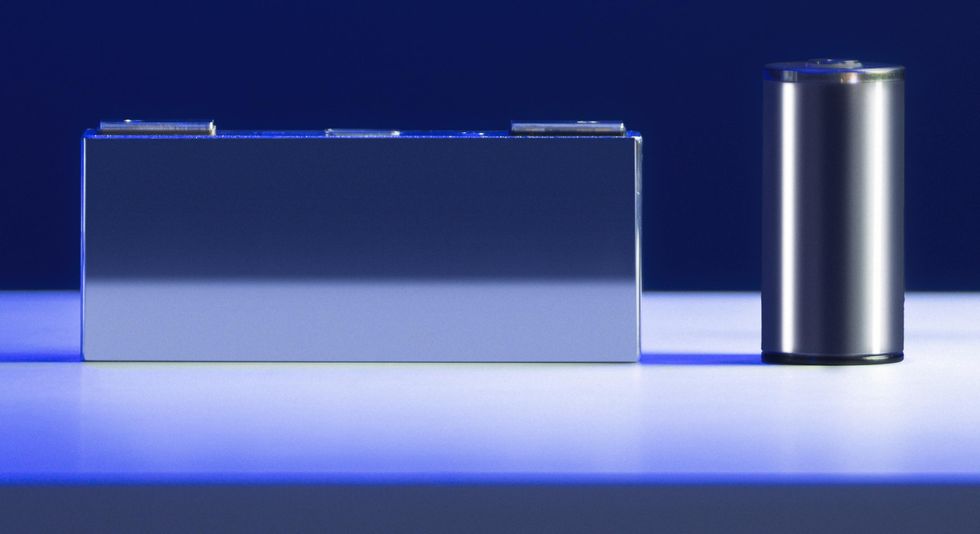 A shiny rectangle next to a silver cylinder.