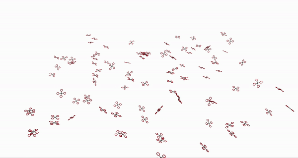 A short GIF of simulated X-shaped devices scrambling around until they gradually settle down and stay in place.