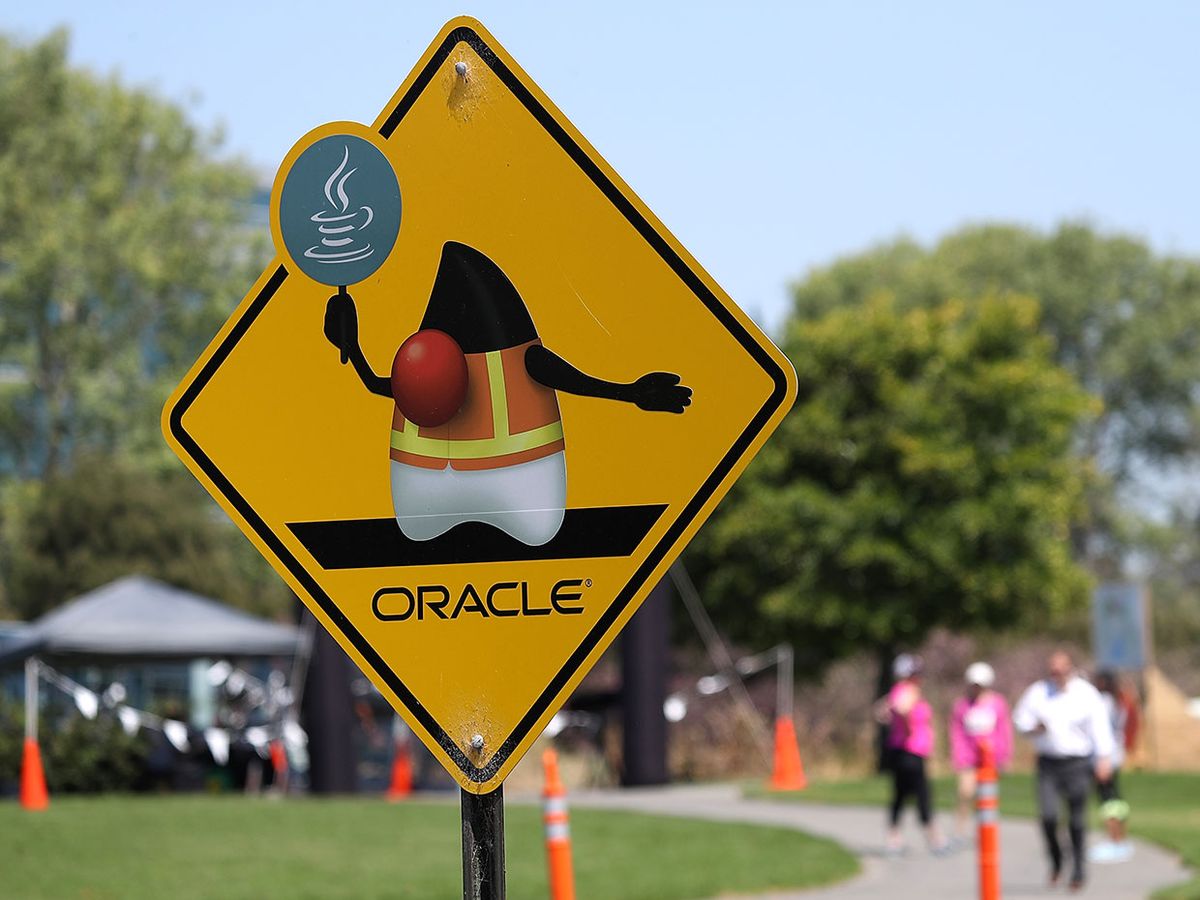 A sign is posted outside of Oracle headquarters on June 22, 2017 in Redwood Shores, California.