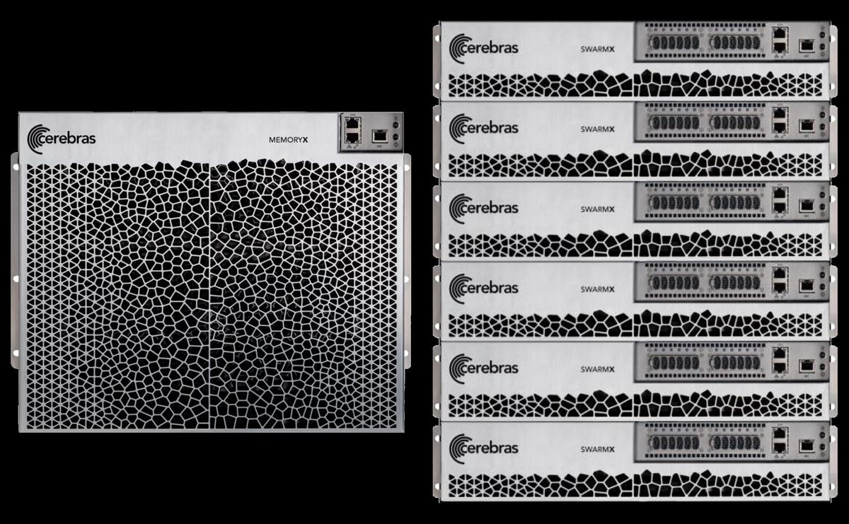 A silver and grey box labelled Cerebres MemoryX next to a stack of silver grey boxes labelled Cerebra SwarmX