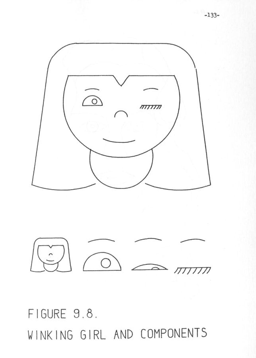 A simple line drawing of a girl who is winking.