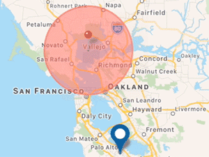 A simulation of Zizmos' earthquake early warning system shows the progression of a temblor in the San Francisco Bay Area