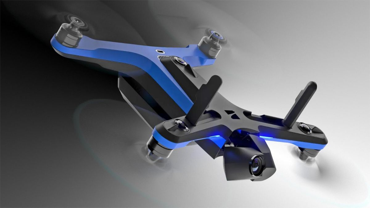 A Skydio 2+ with a black and blue frame and four propellers and a gimbal camera, flies against a gray background.