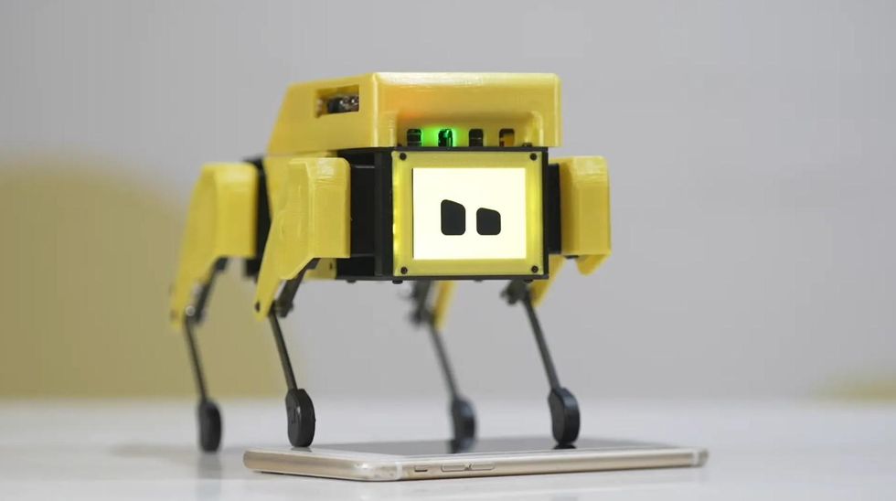 A small four-legged yellow robot called Mini Pupper stands on a desk with two legs stepping on a smartphone for scale.