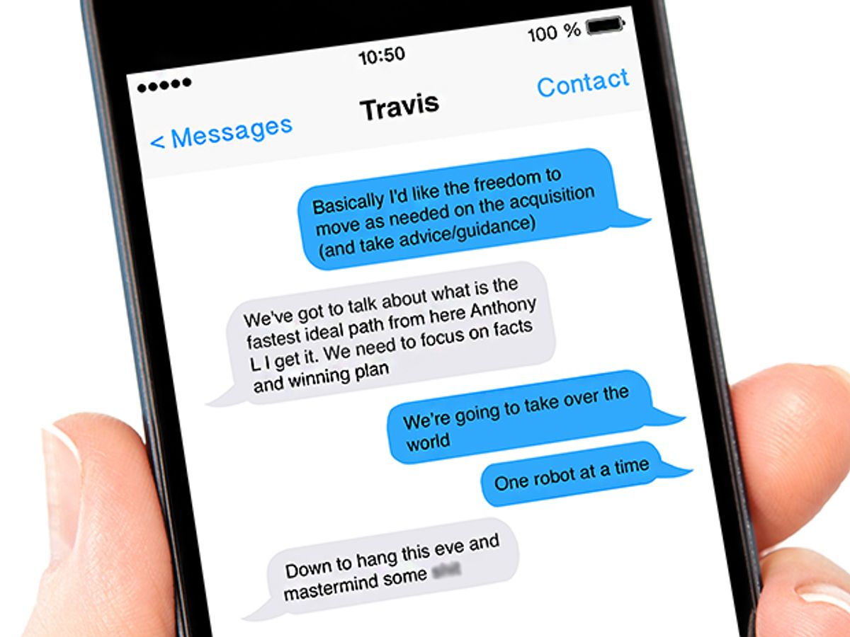 A smartphone screen with text messages on it. The top of the screen reads 'Travis.'