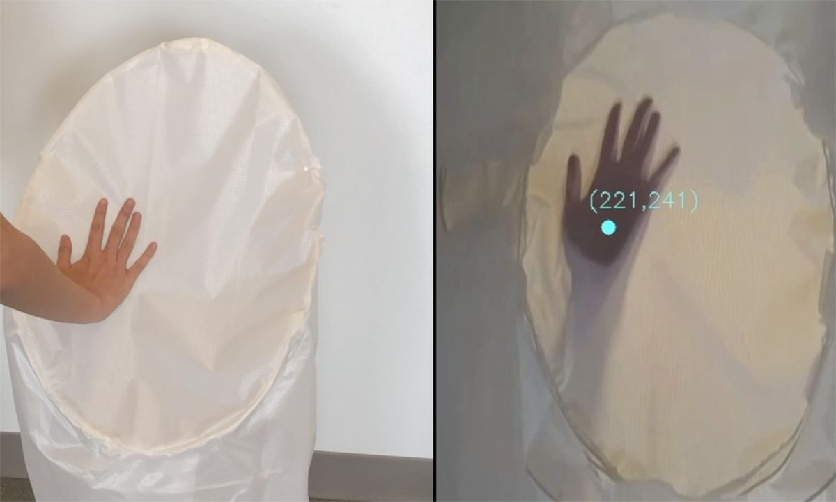 A split image showing a robot vision system detecting a persons hand movements.