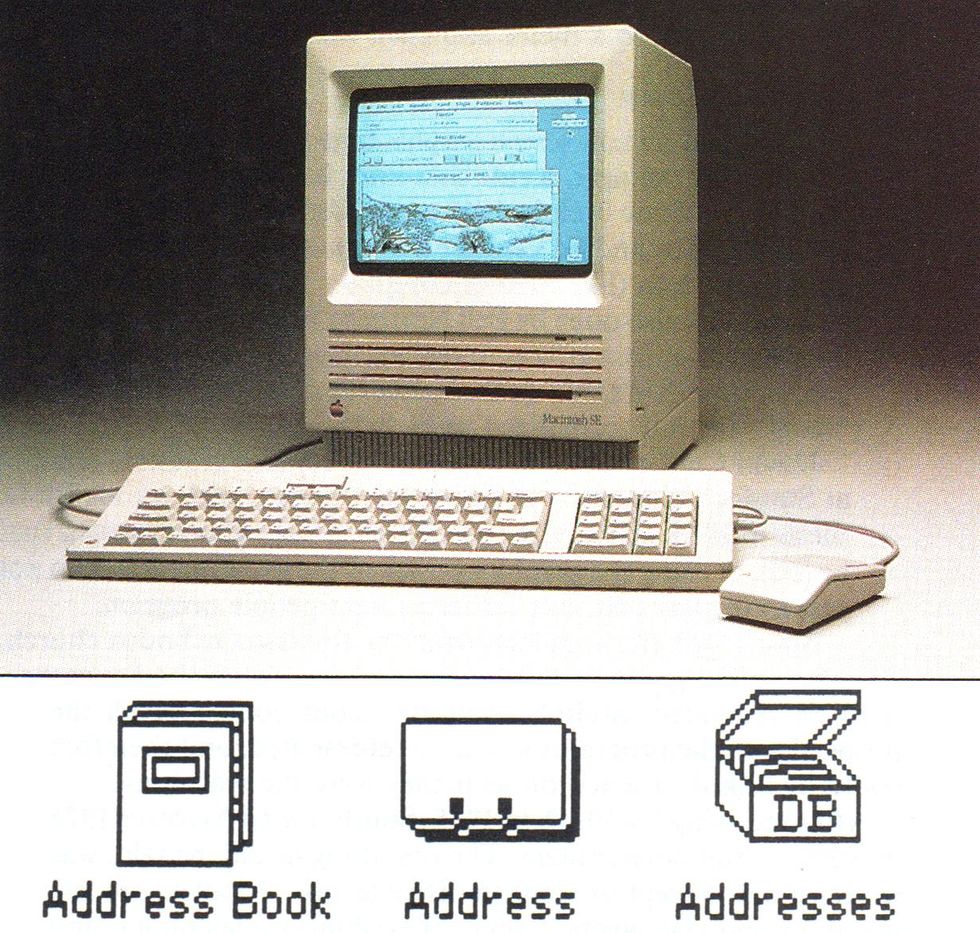 A square white macintosh computer with a white keyboard, in a separate image below, computer icons and the text address book, address, addresses
