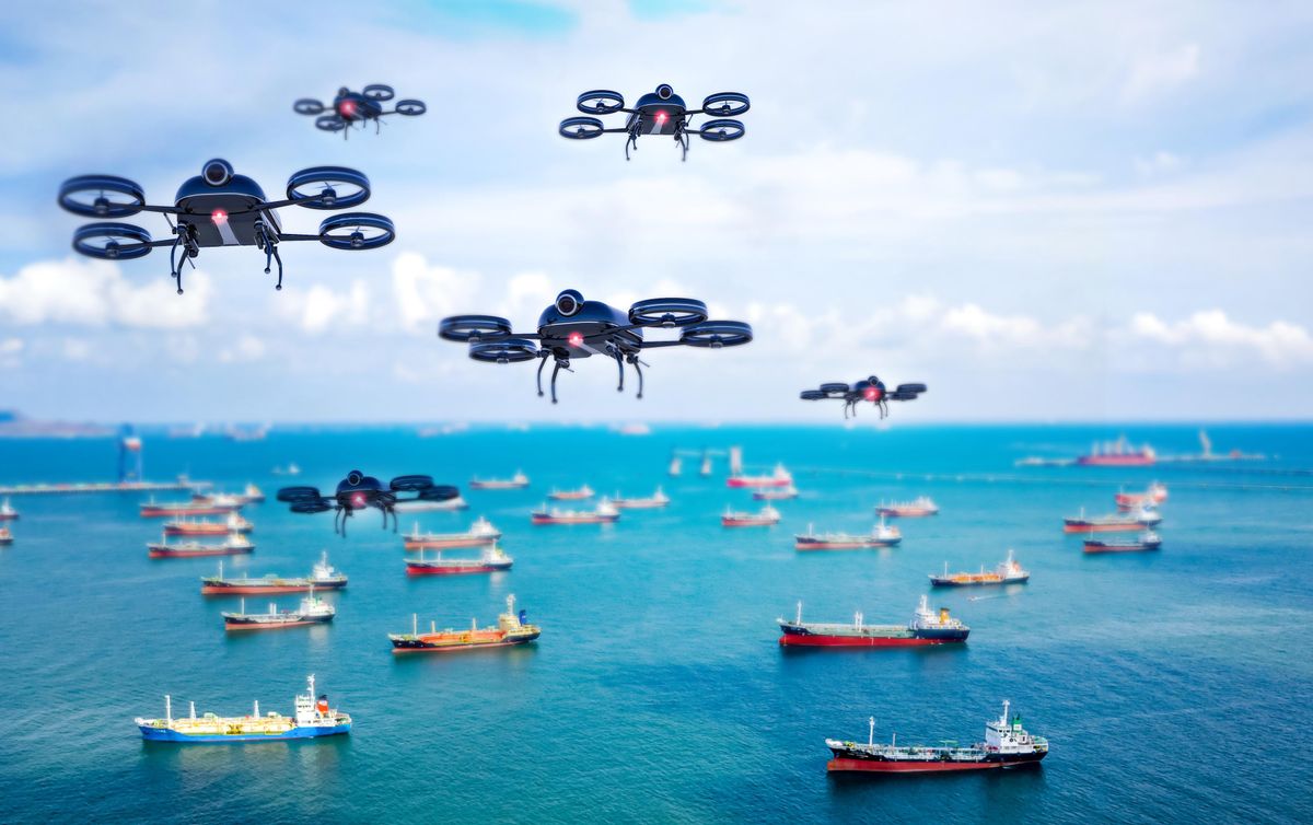 A swarm of drones flies over ships