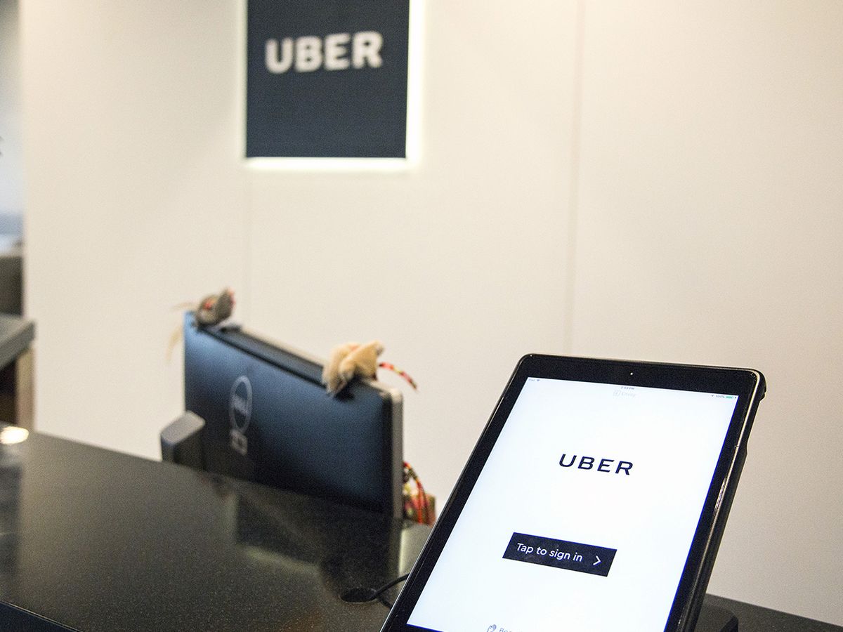 A tablet sits on display at a Uber Technologies Inc. office