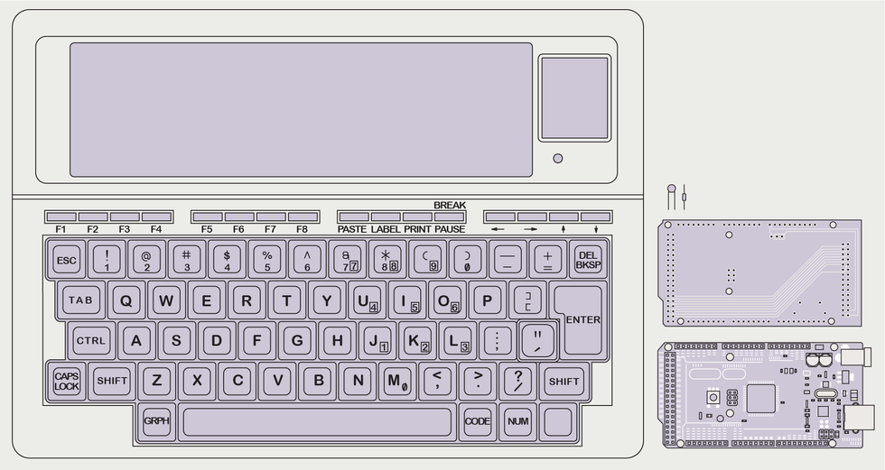 A Tandy M100 notebook computer is shown with its wide LCD display above a mechanical keyboard, along with a PCB and Arduino Mega.