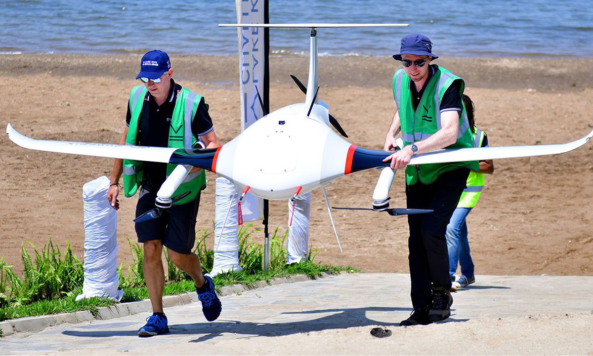 A team prepares their drone to compete in the Lake Kivu Challenge in Rwanda.