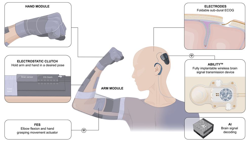 A technical illustration of the prototype Synapsuit system showing the arm and hand modules including the electrostatic clutch.