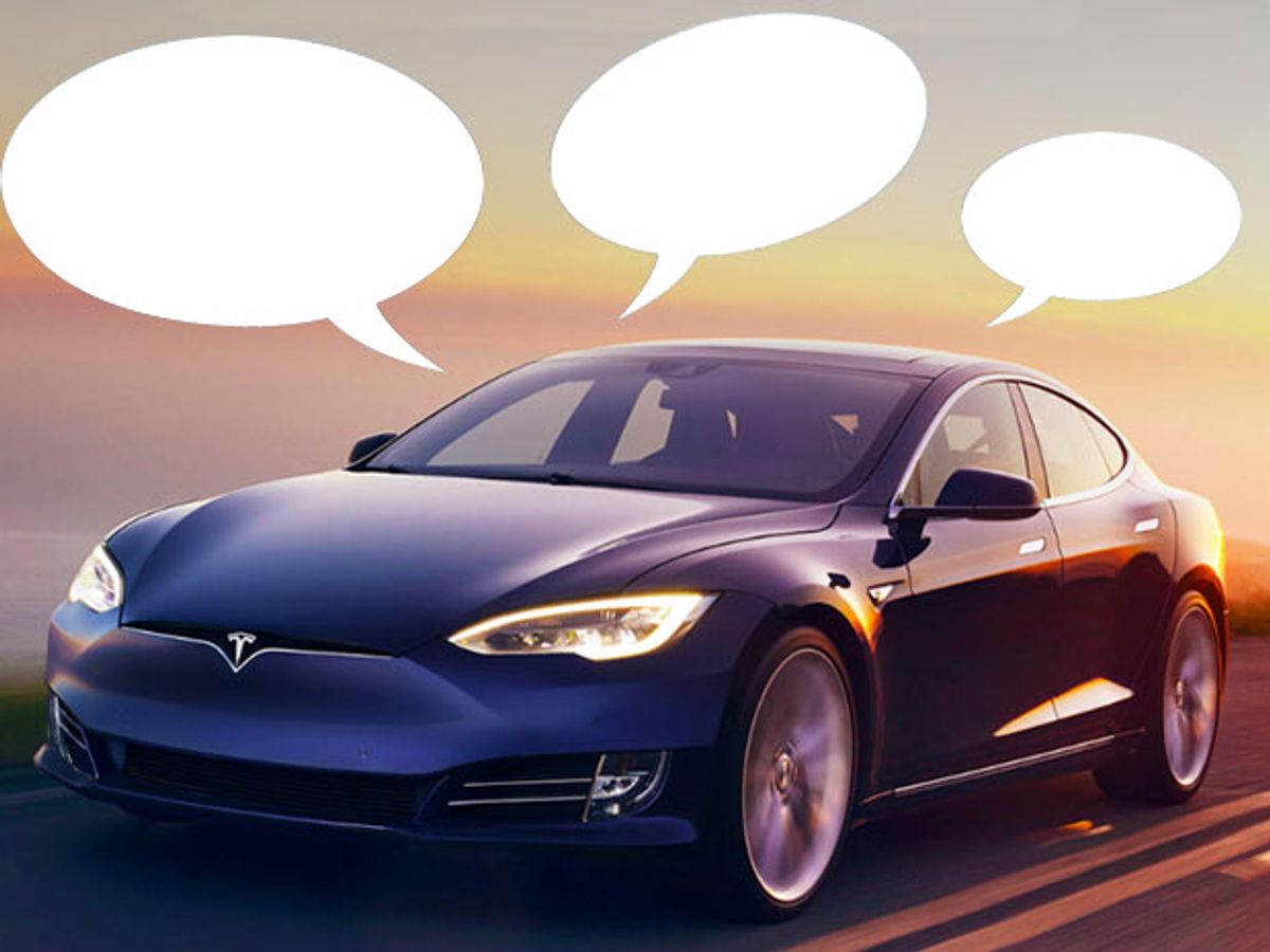 A Tesla car with blank speech bubbles around it