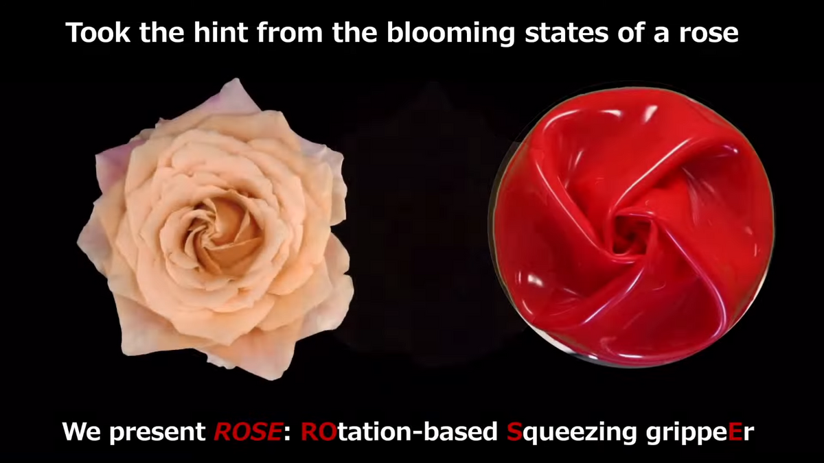 A top down photo of a flowering rose next to a top down photo of a similar looking robotic gripper