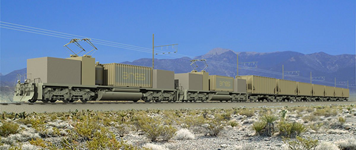 A train on tracks is part of the Advanced Rail Energy Storage project, which stores energy for the electricity grid as the potential energy of a train on a hill.