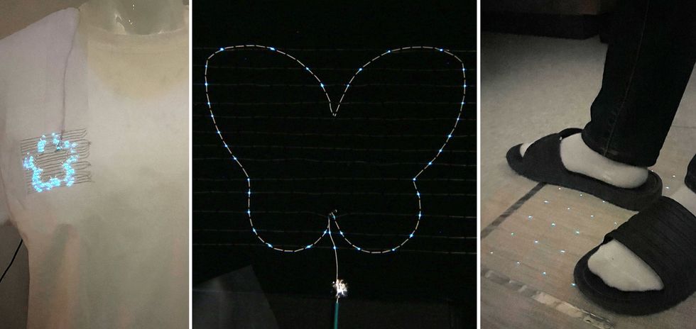 A trio of images showing the glowing thread in a pattern on a T-shirt, in the shape of a butterfly, and in a rug, which sandaled feet stand on.