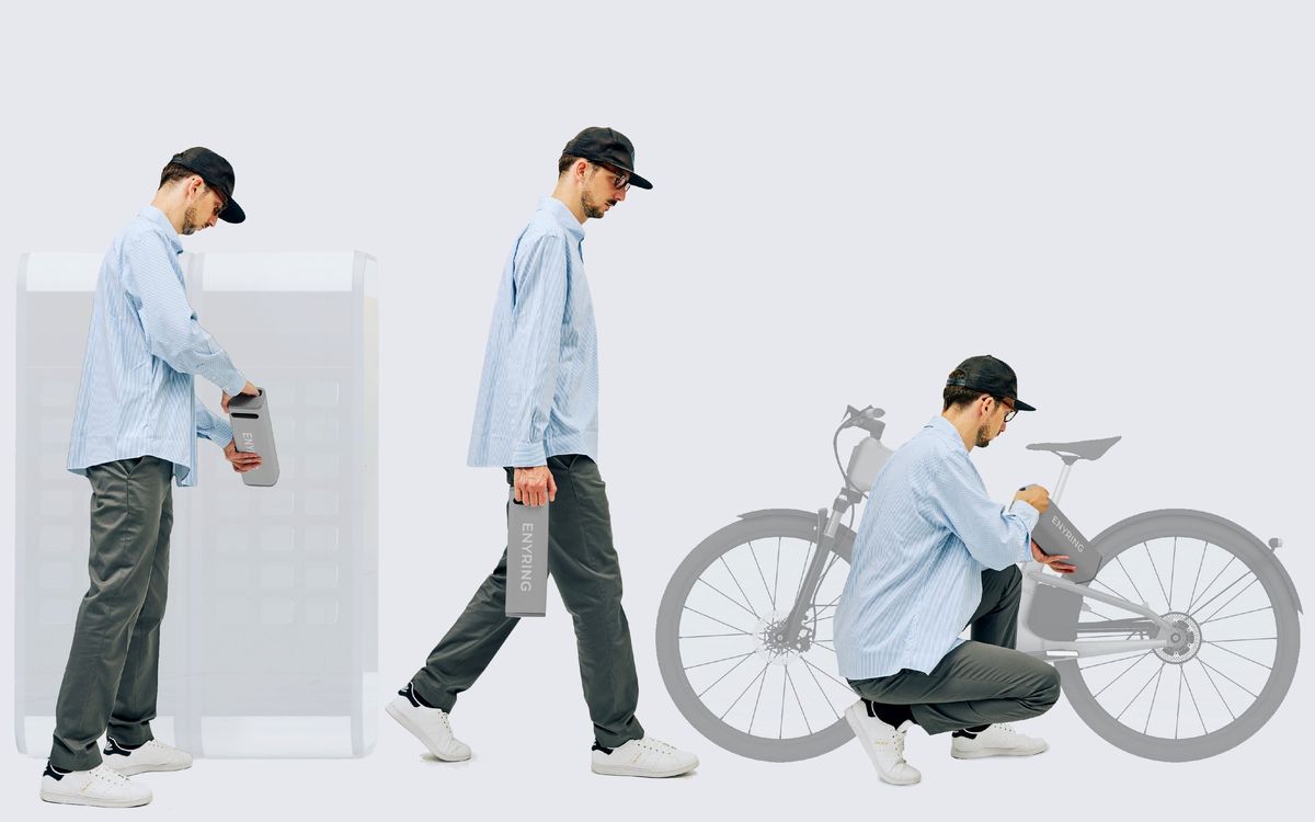 A trio of photo illustrations imagine a person at a display with a battery pack and then swapping it onto their e-bike.