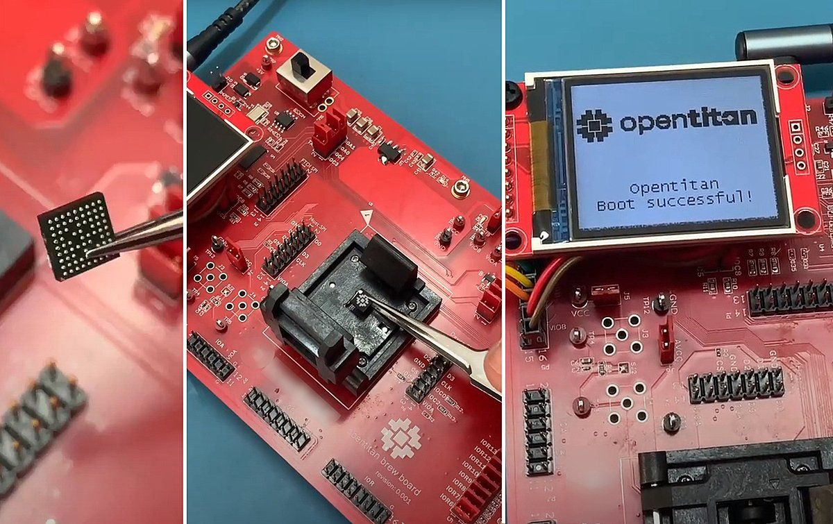 A triptych of photos showing a red board with a chip held by tweezers, then placed, and then a boot-up screen saying Opentitan boot sucessful.