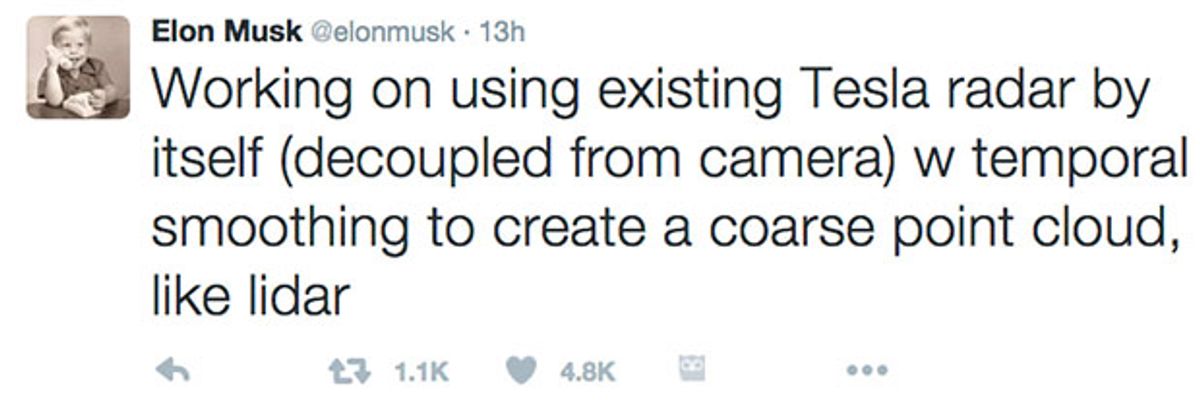 A tweet from Elon Musk about Tesla radar technology