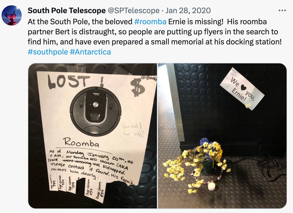 A Twitter post shows two pictures, including a lost poster for the Roomba Ernie, and flowers near a sign for Ernie.