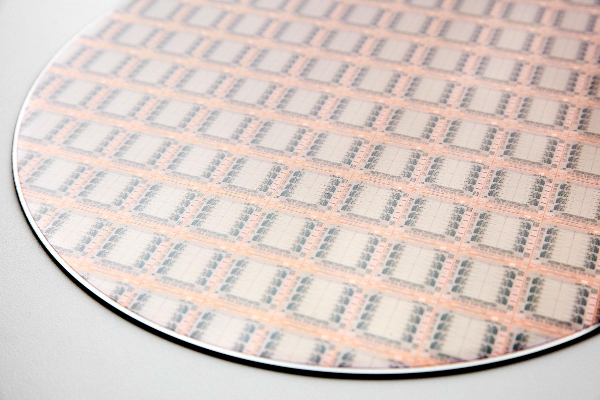 A wafer of eight-core processors—IBM’s Telum chip