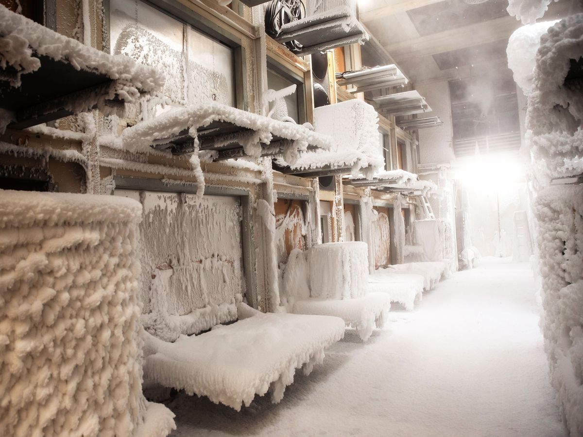 a warehouse room covered in ice