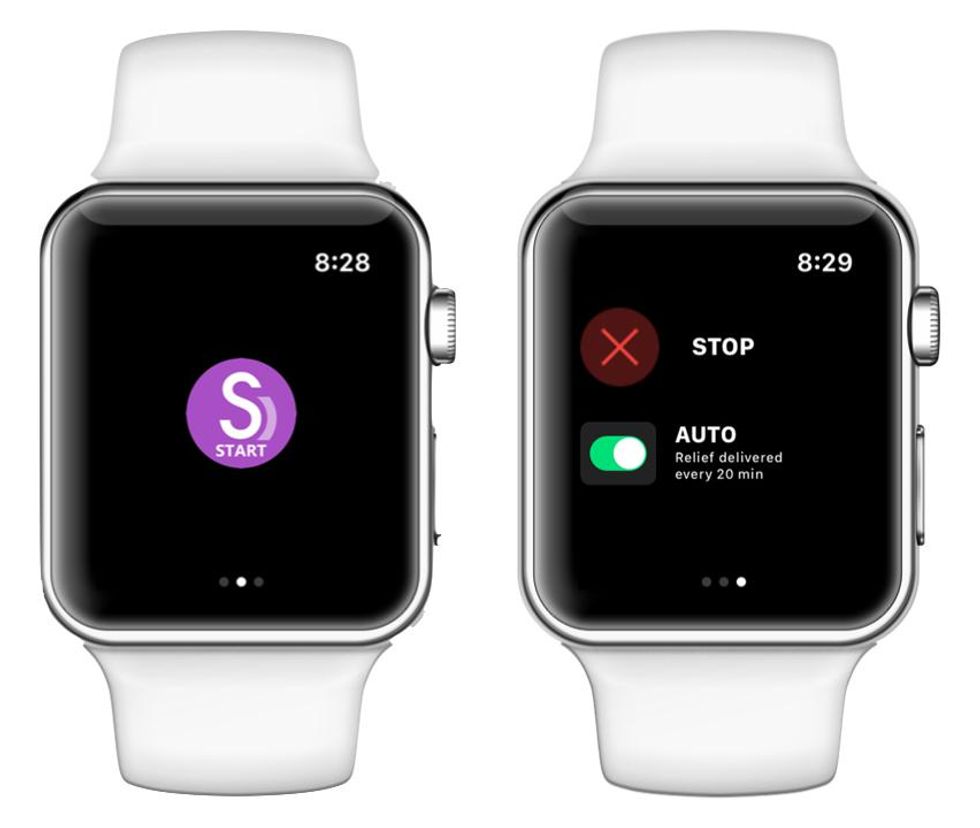 A watch with a black face and white band shown left, with a purple circle that says Start, and right with a Red X circle that says Stop, and a green icon that says Auto Relief delivered every 20 min