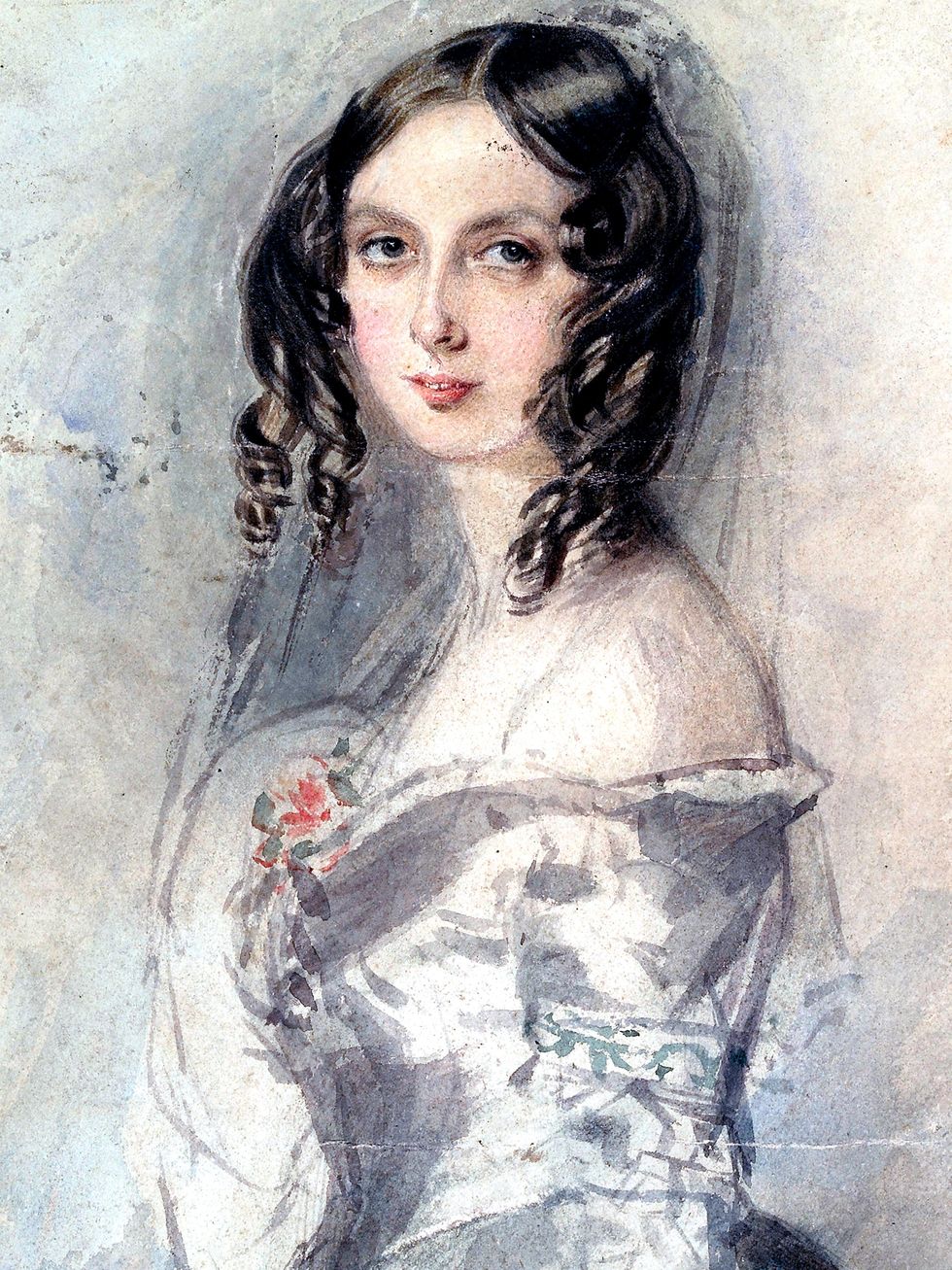 A watercolor portrait of the British mathematician Ada Lovelace shows a young woman with dark curls in a white dress.