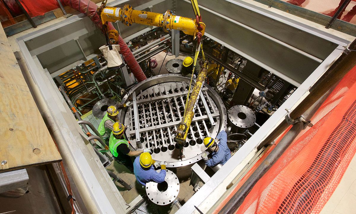 A wet electrostatic precipitator bundle is lowered into a vessel in the Low-Activity Waste Vitrification Facility at the Hanford Vit Plant.