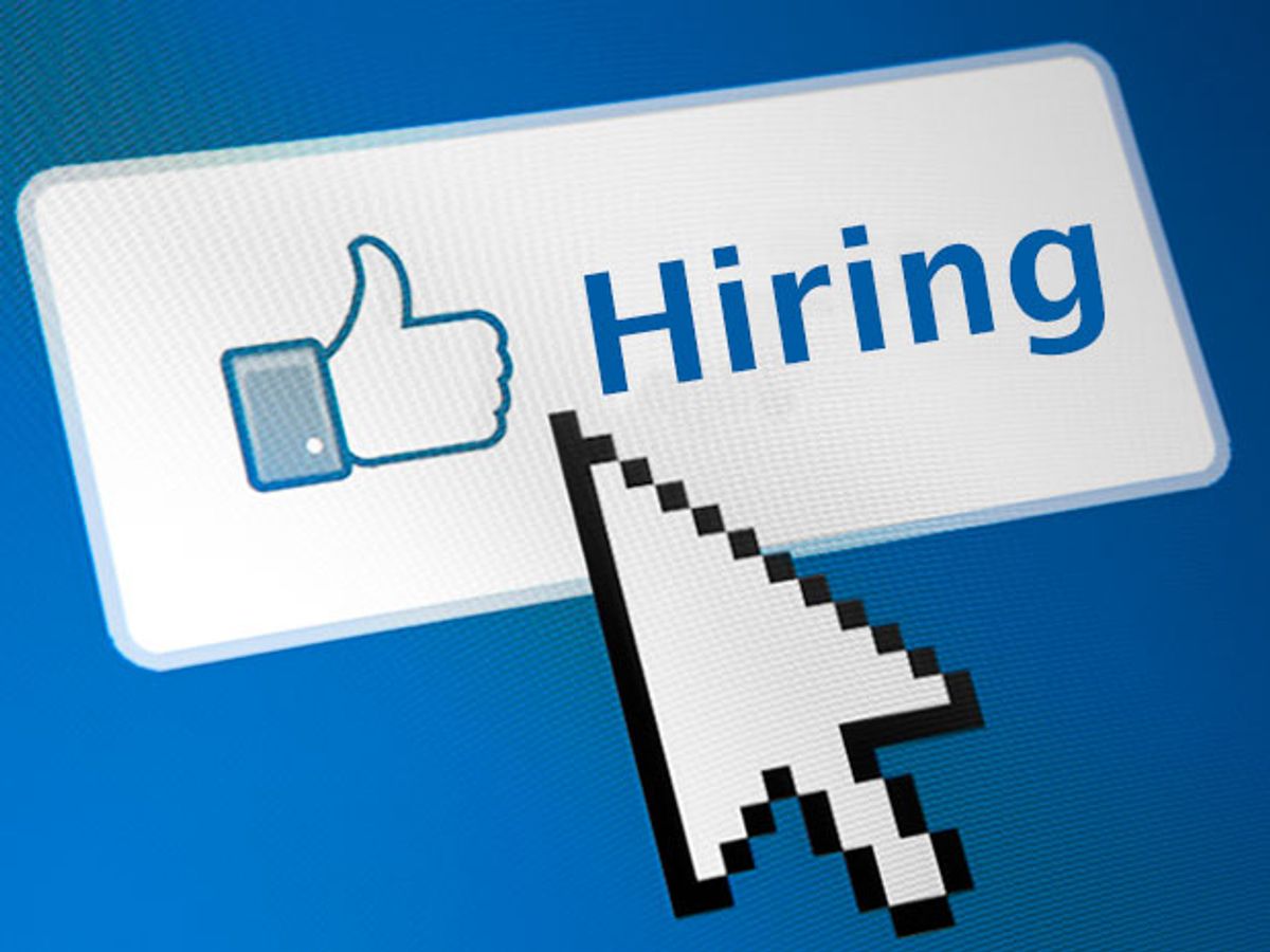 A white arrow pointing to a thumb's up symbol next to the word “Hiring”. The Facebook “Like” icon symbolizes that the company is hiring