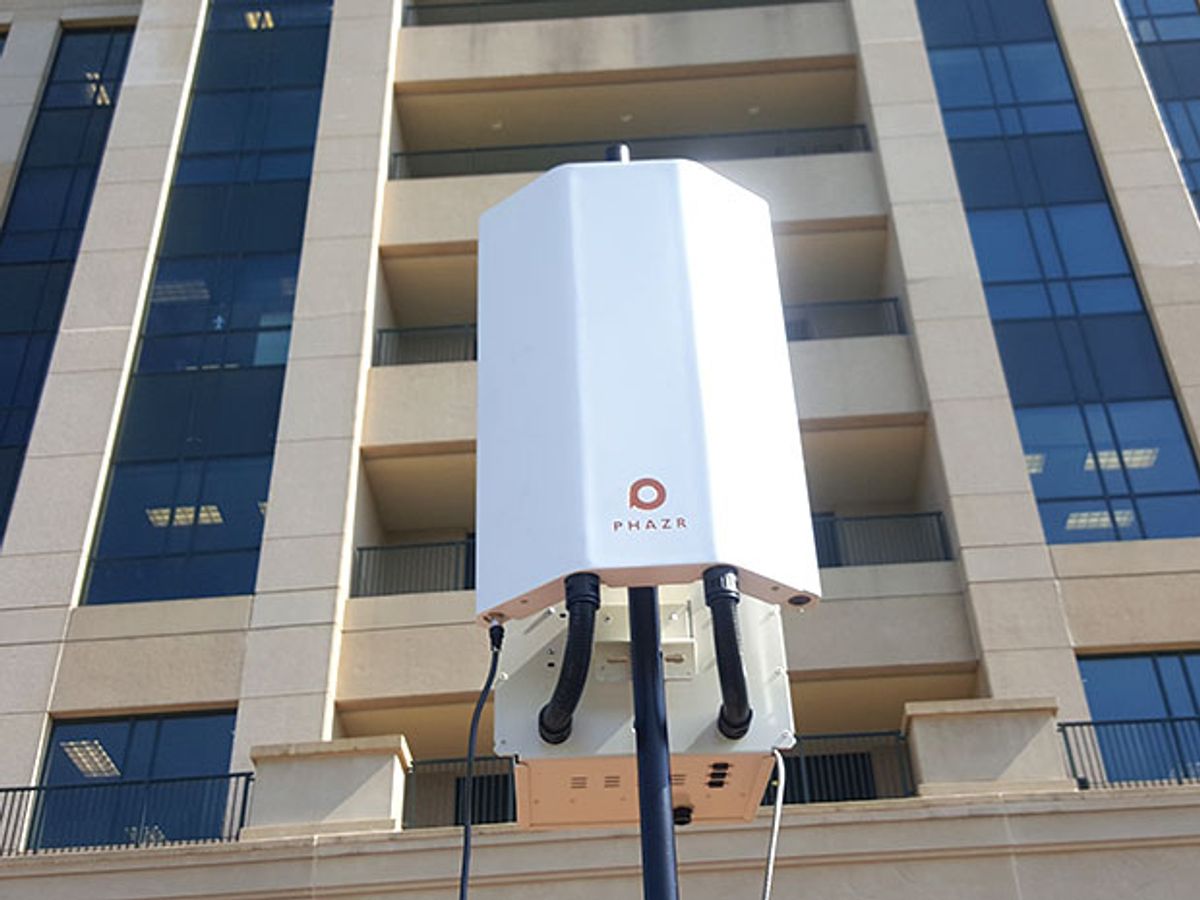 A white Phazr base station is shown in front of the Ridgeland, Mississippi headquarters of C Spire during a trial last week.