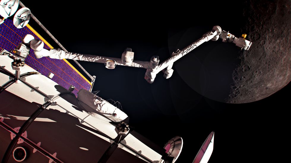 A white structure in space orbit extends a robot arm having several joints  