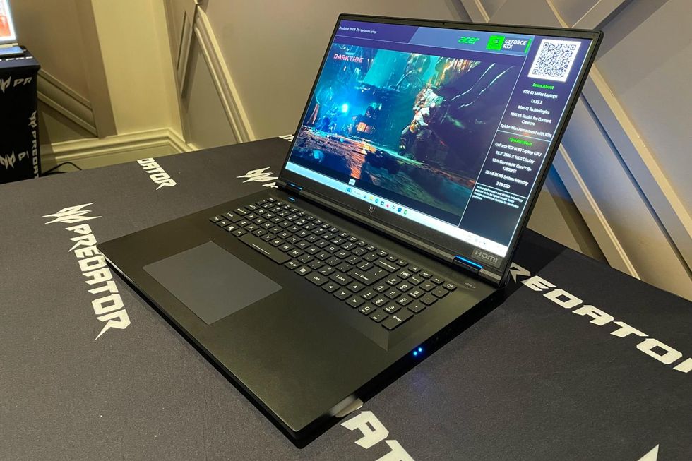A WIndows laptop open on a table.